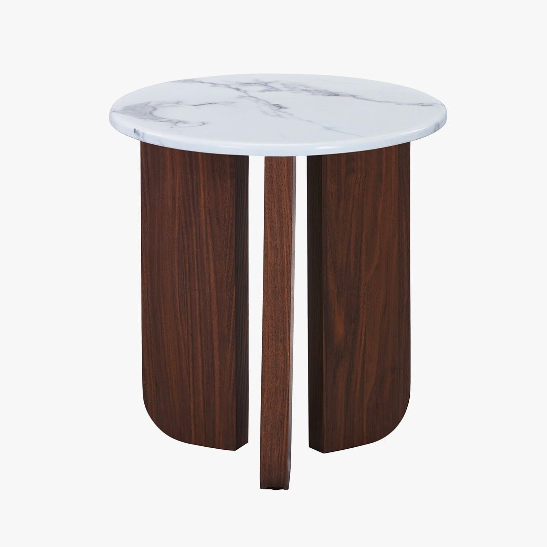 ELODIE - 45 Table d'appoint ronde en marbre composite pieds couleur bois foncé D45 cm - Table basse - Mobilier Deco