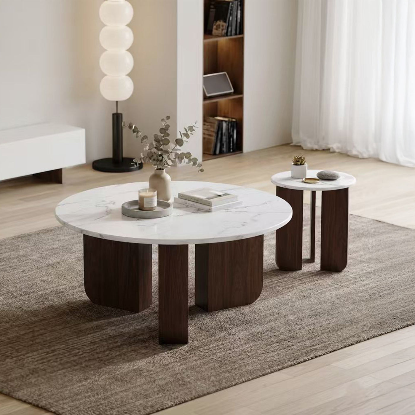 ELODIE - 45 Table d'appoint ronde en marbre composite pieds couleur bois foncé D45 cm - Table basse - Mobilier Deco