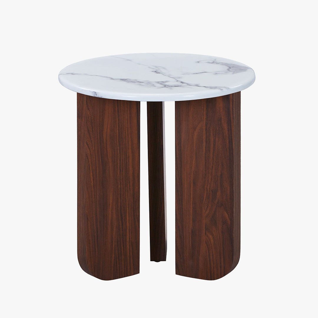 ELODIE - 45 Table d'appoint ronde en marbre composite pieds couleur bois foncé D45 cm - Table basse - Mobilier Deco