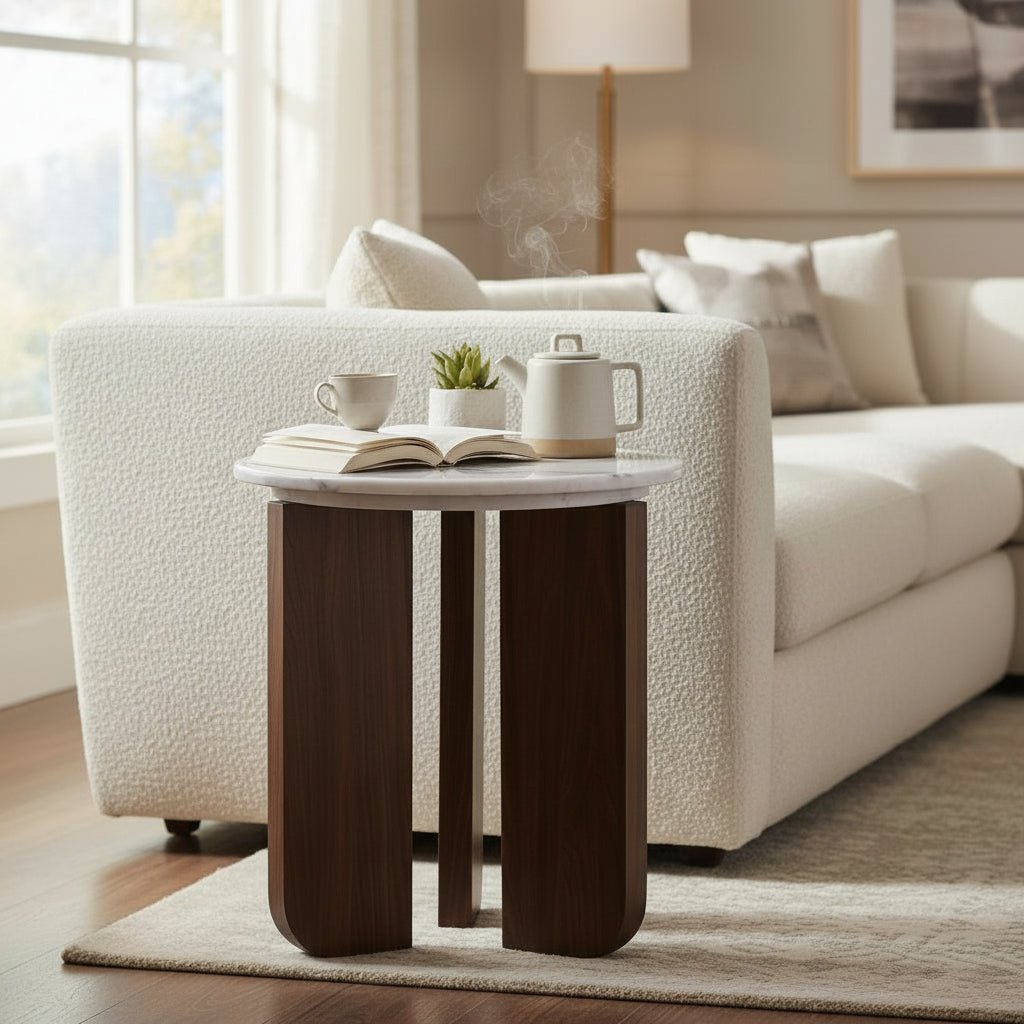 ELODIE - 45 Table d'appoint ronde en marbre composite pieds couleur bois foncé D45 cm - Table basse - Mobilier Deco
