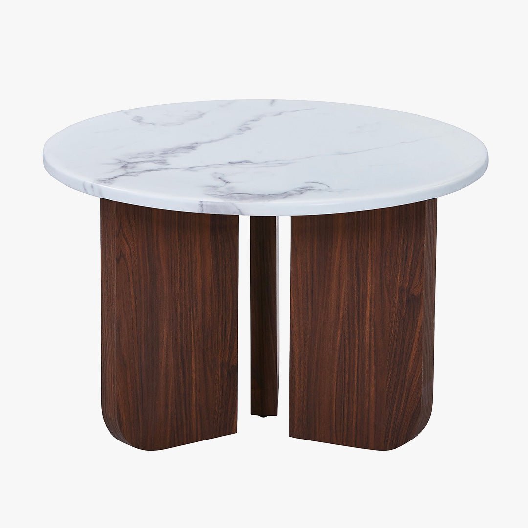 ELODIE XL Table à manger ronde en marbre composite pieds couleur bois foncé D120 cm - Table à manger - Mobilier Deco