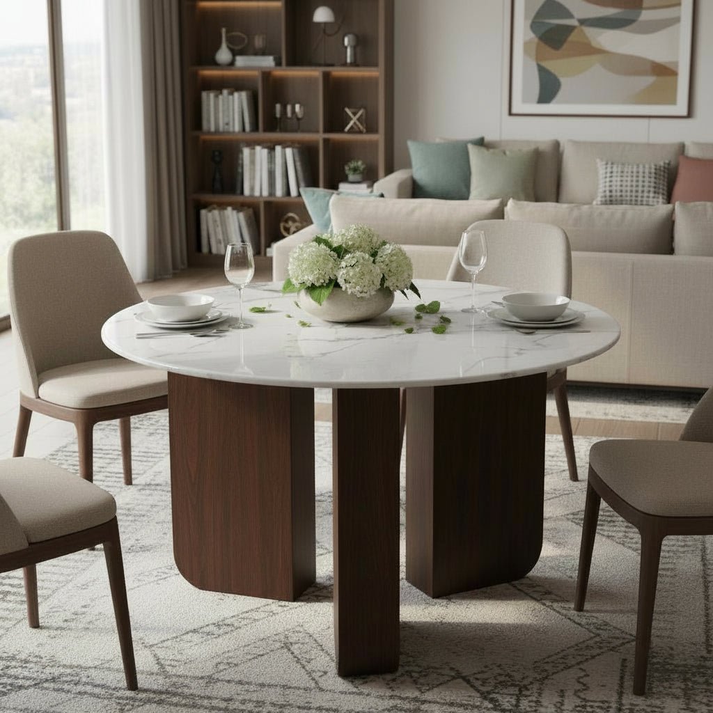 ELODIE XL Table à manger ronde en marbre composite pieds couleur bois foncé D120 cm - Table à manger - Mobilier Deco