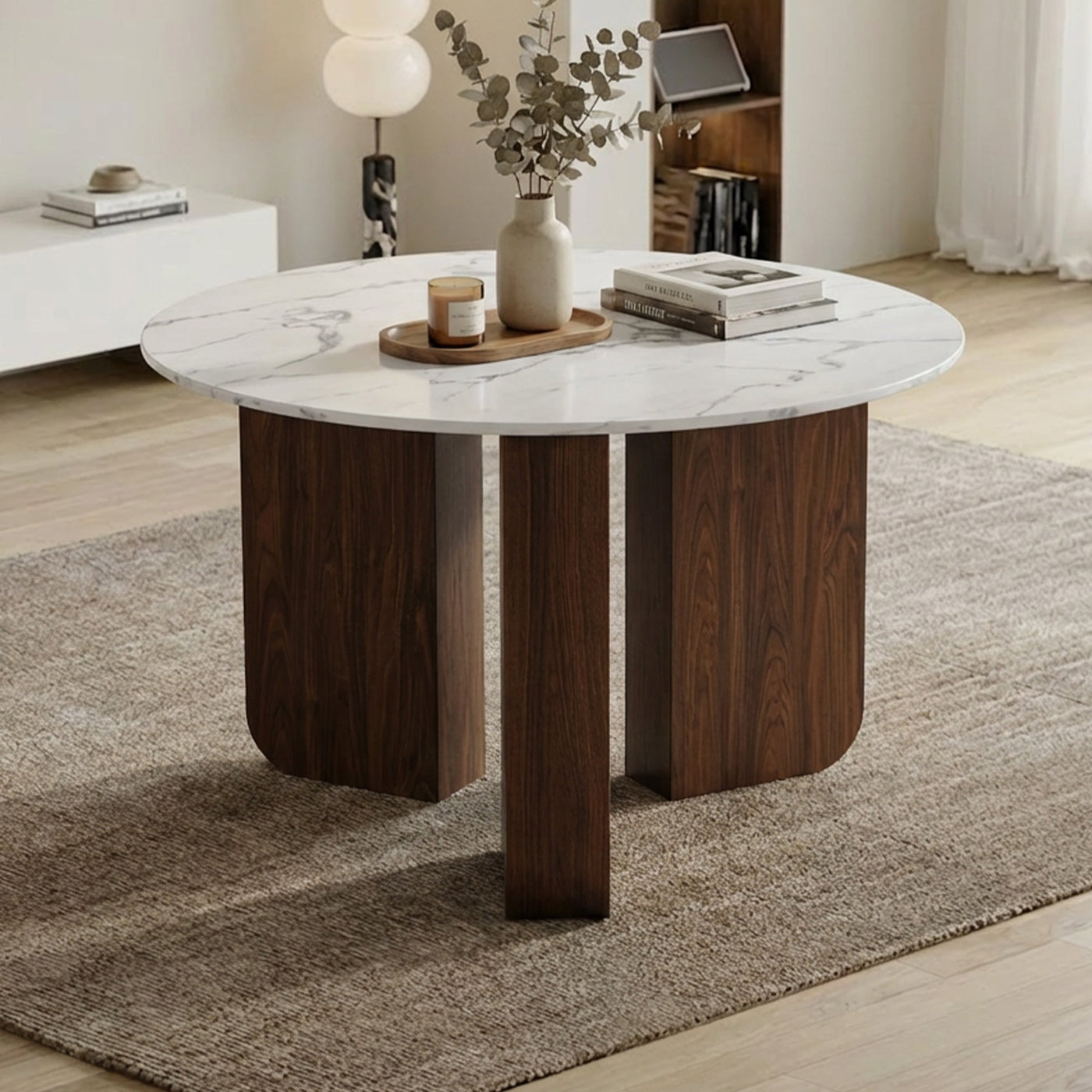 ELODIE XL Table à manger ronde en marbre composite pieds couleur bois foncé D120 cm - Table à manger - Mobilier Deco