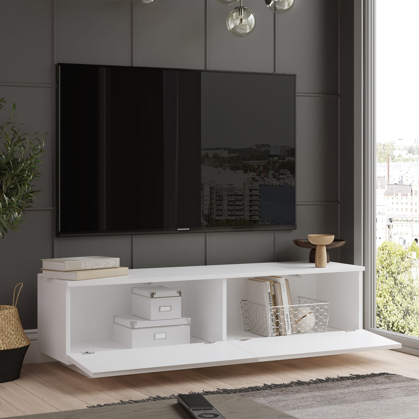 ELONIE Meuble TV 2 portes blanc - Meuble TV - Mobilier Deco