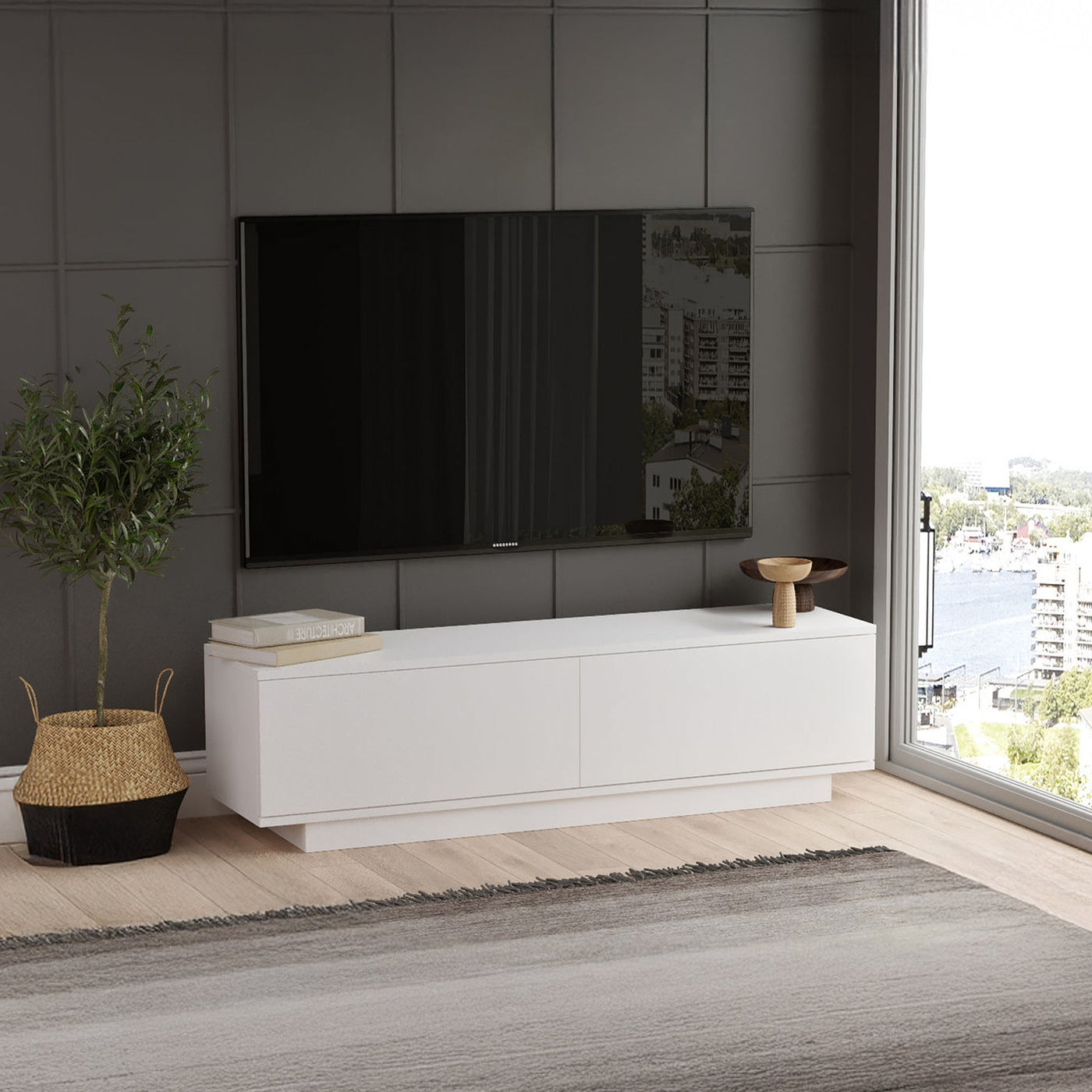 ELONIE Meuble TV 2 portes blanc - Meuble TV - Mobilier Deco