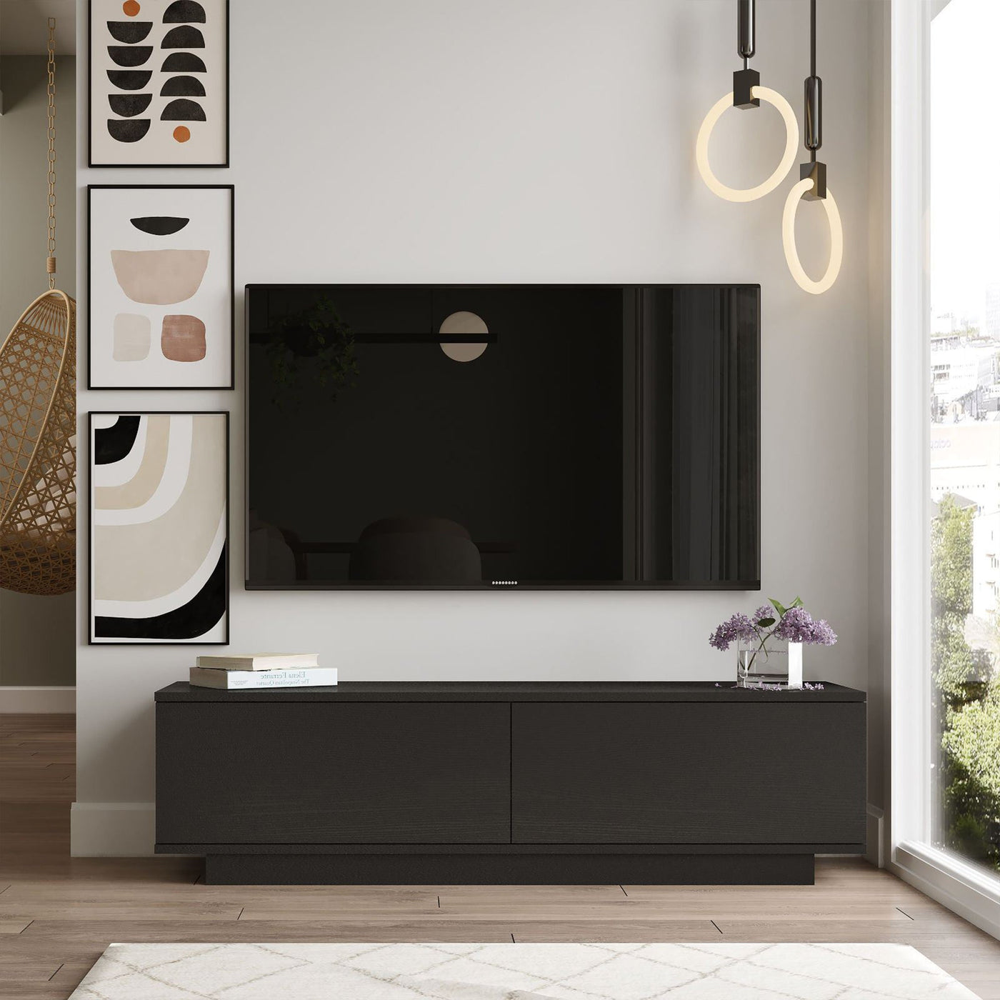 ELONIE Meuble TV 2 portes noir - Meuble TV - Mobilier Deco