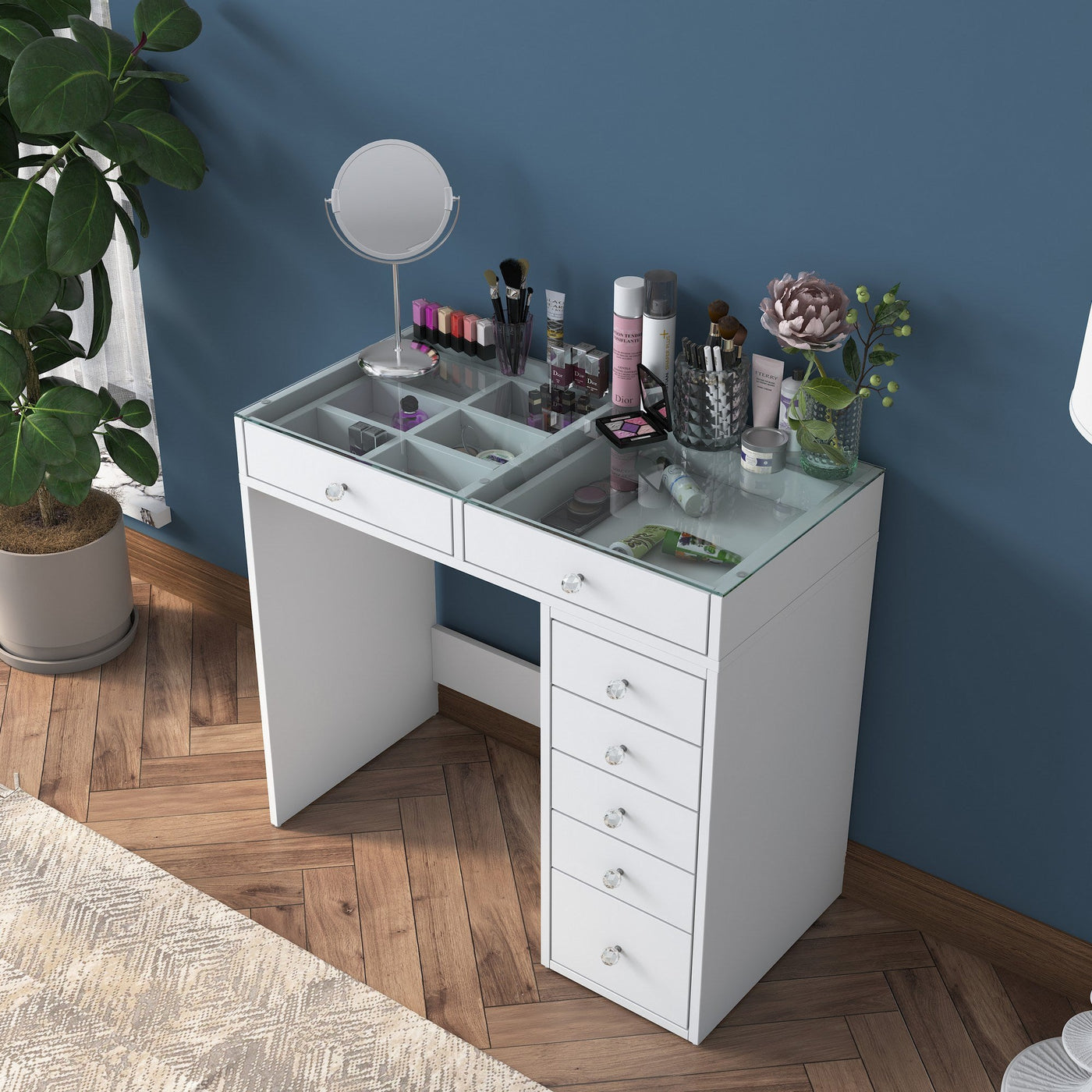 ELORIA Coiffeuse 7 tiroirs blanc avec plateau en verre - Coiffeuse - Mobilier Deco