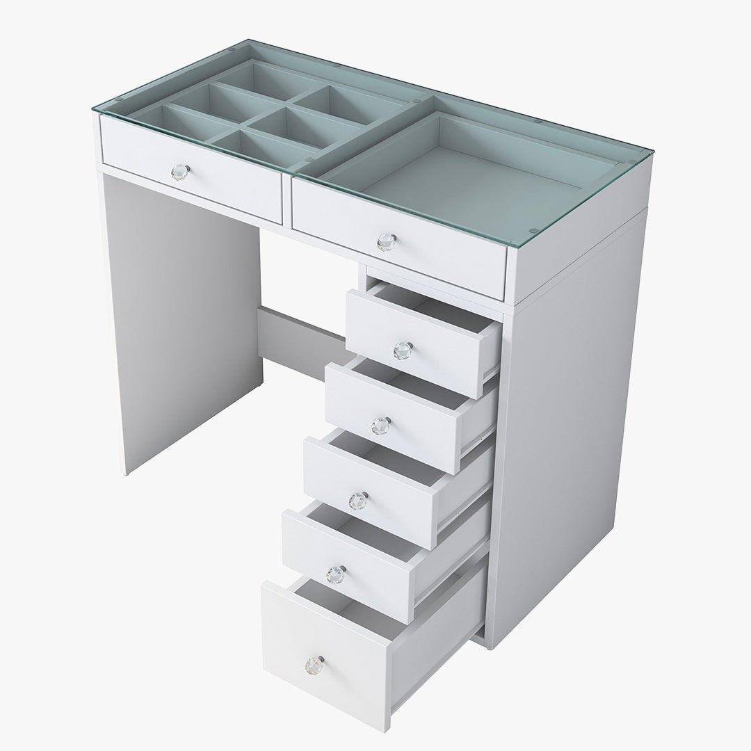 ELORIA Coiffeuse 7 tiroirs blanc avec plateau en verre - Coiffeuse - Mobilier Deco