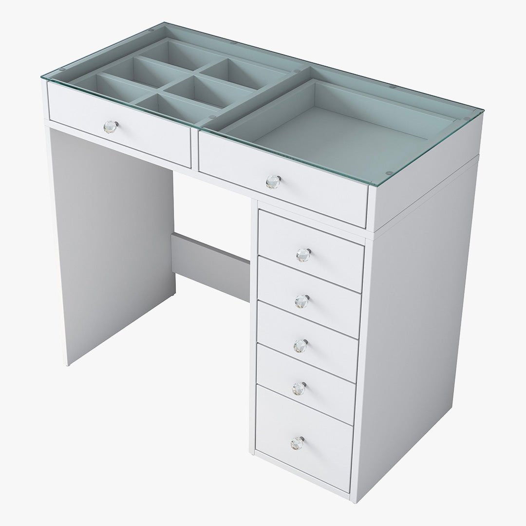 ELORIA Coiffeuse 7 tiroirs blanc avec plateau en verre - Coiffeuse - Mobilier Deco