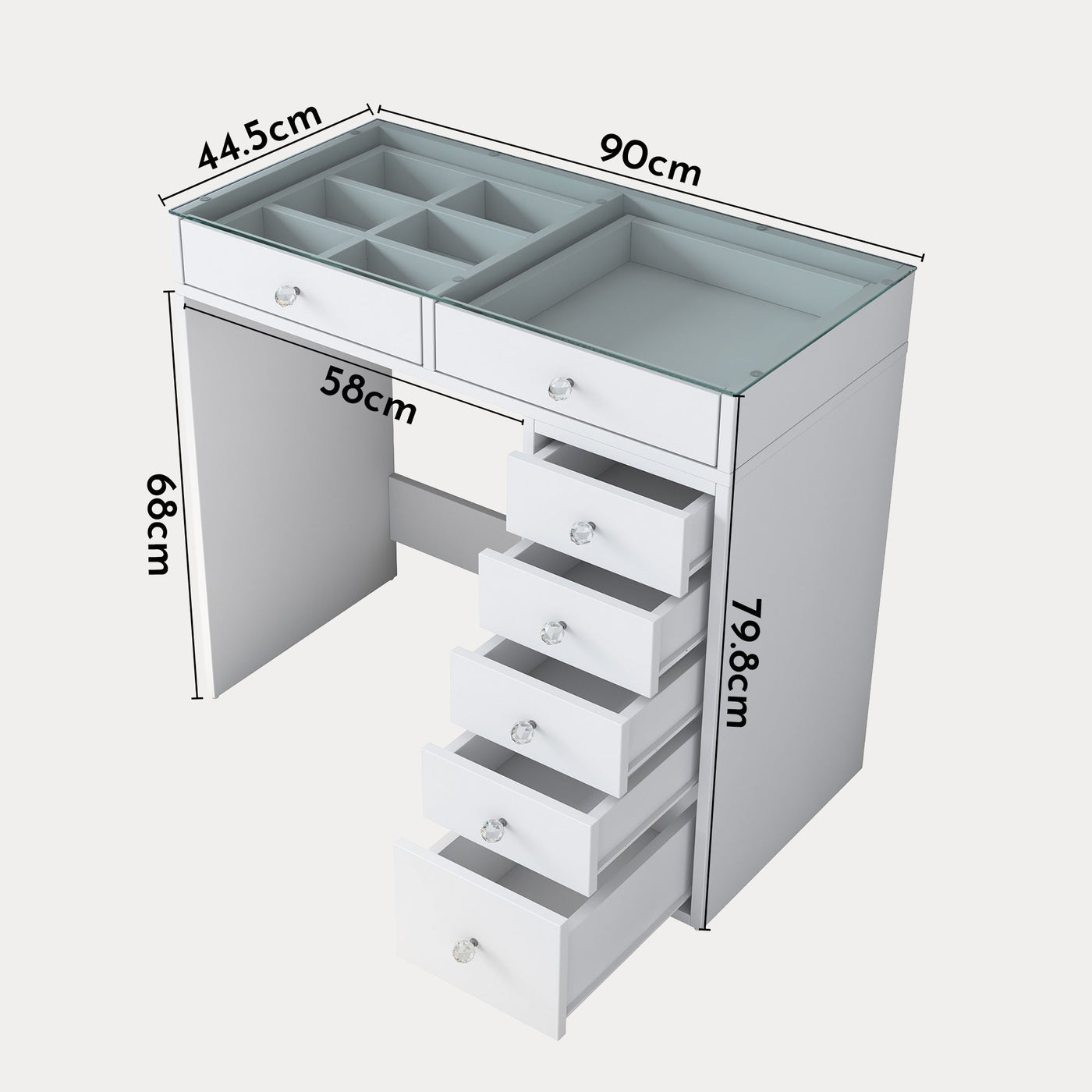 ELORIA Coiffeuse 7 tiroirs blanc avec plateau en verre - Coiffeuse - Mobilier Deco