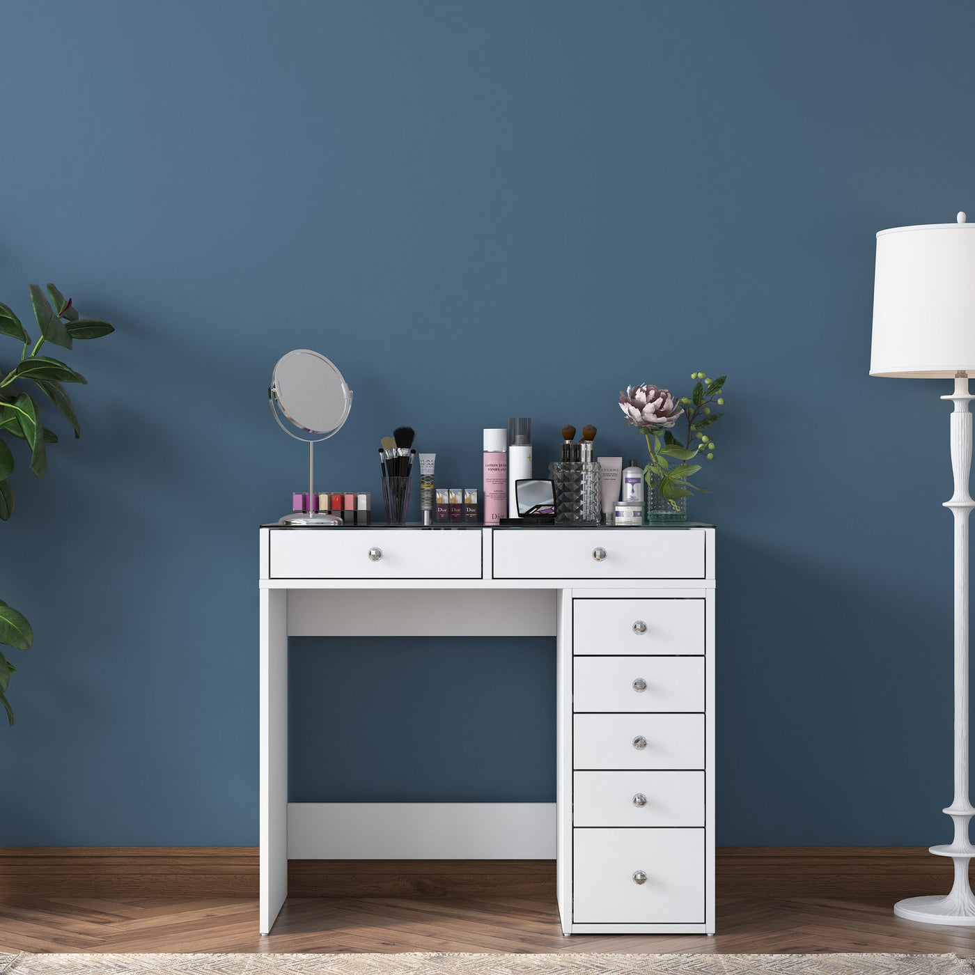 ELORIA Coiffeuse 7 tiroirs blanc avec plateau en verre - Coiffeuse - Mobilier Deco