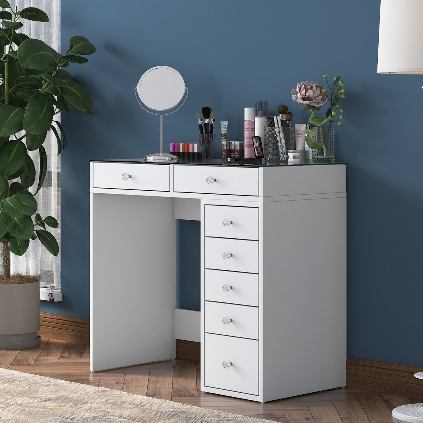 ELORIA Coiffeuse 7 tiroirs blanc avec plateau en verre - Coiffeuse - Mobilier Deco