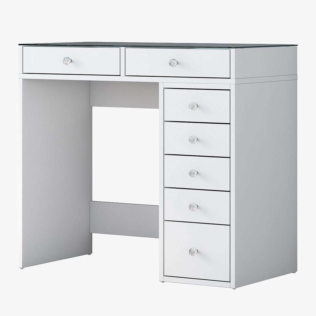 ELORIA Coiffeuse 7 tiroirs blanc avec plateau en verre - Coiffeuse - Mobilier Deco