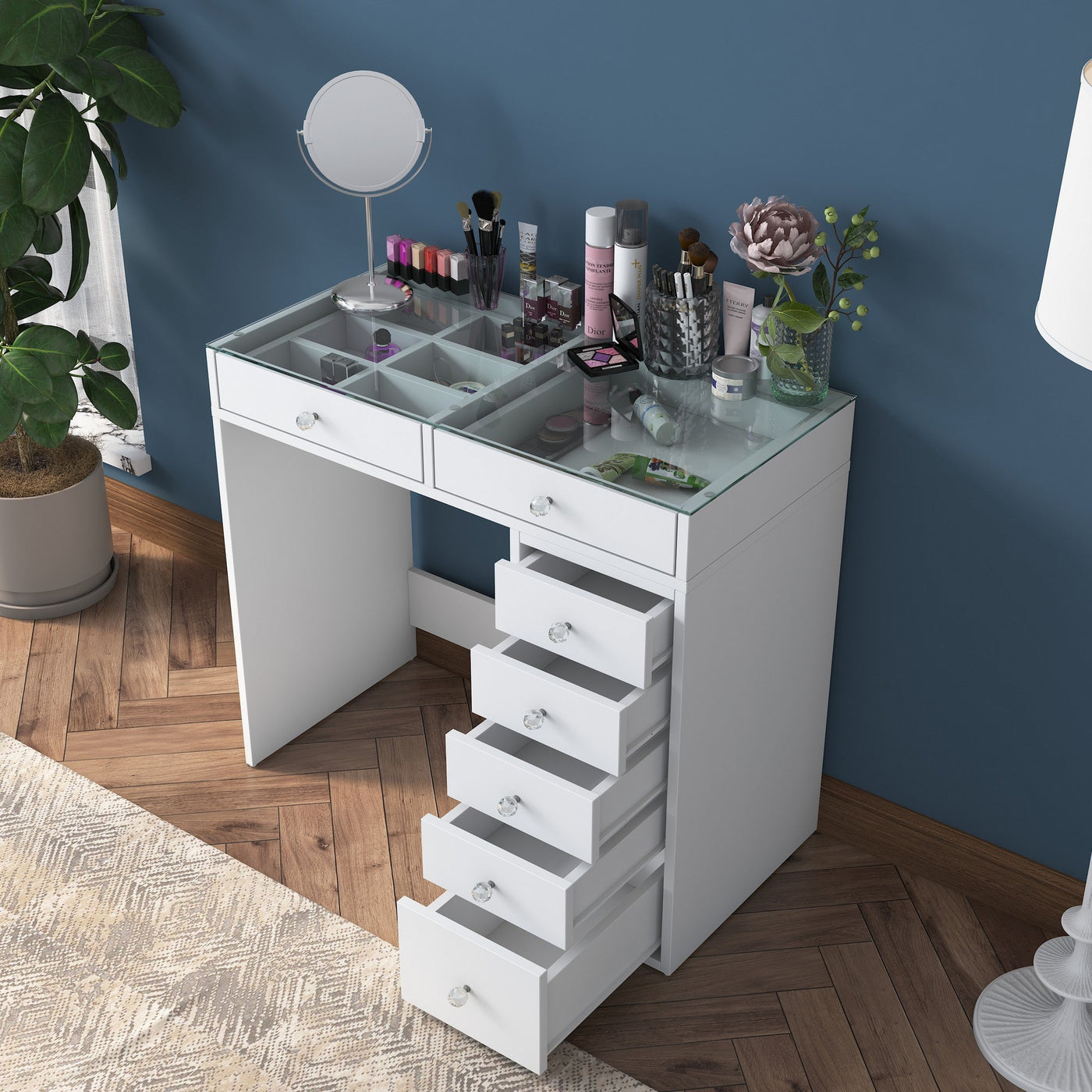 ELORIA Coiffeuse 7 tiroirs blanc avec plateau en verre - Coiffeuse - Mobilier Deco