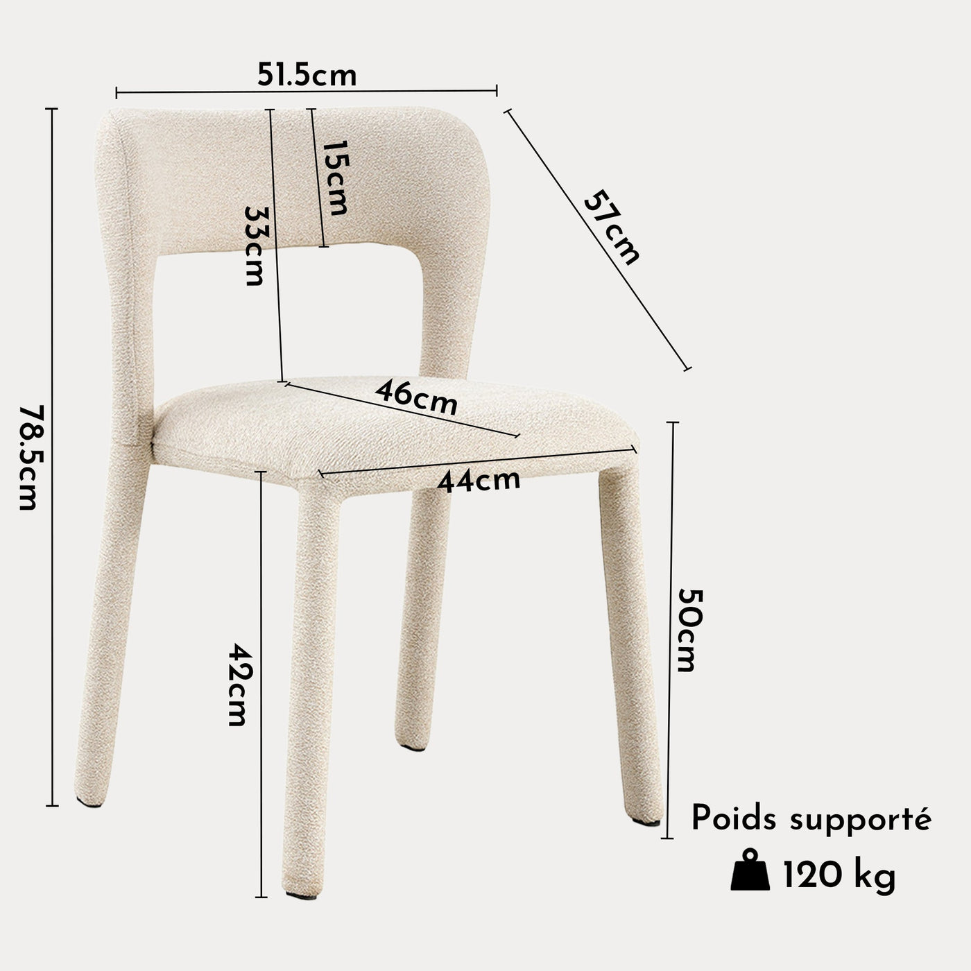 ELVAS Chaise empilable en tissu bouclette beige - Chaise de repas - Mobilier Deco
