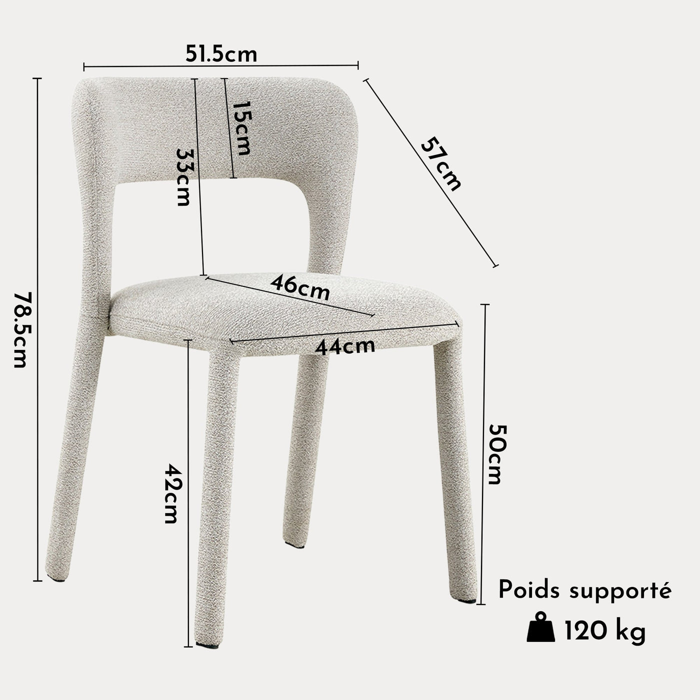 ELVAS Chaise empilable en tissu bouclette écru - Chaise de repas - Mobilier Deco