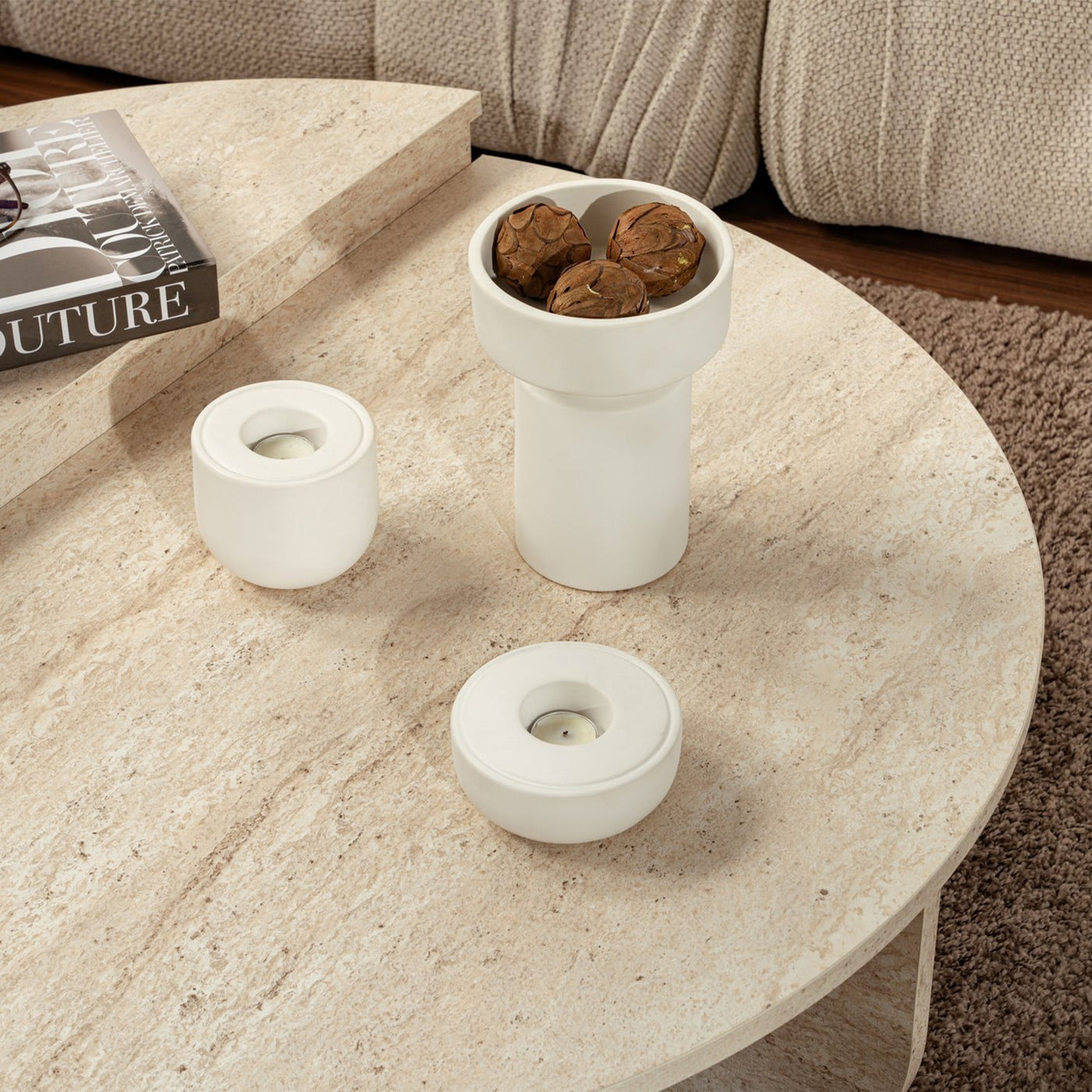 ELYNA Table basse ronde beige D90 cm - Table basse - Mobilier Deco