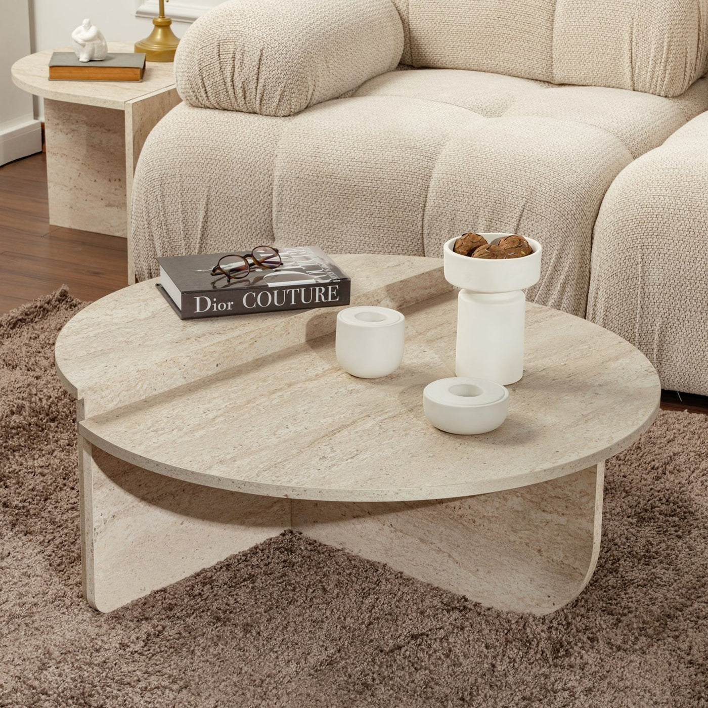 ELYNA Table basse ronde beige D90 cm - Table basse - Mobilier Deco