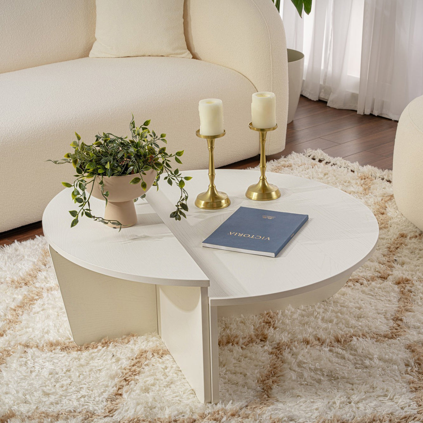 ELYNA Table basse ronde couleur bois blanc D90 cm - Table basse - Mobilier Deco