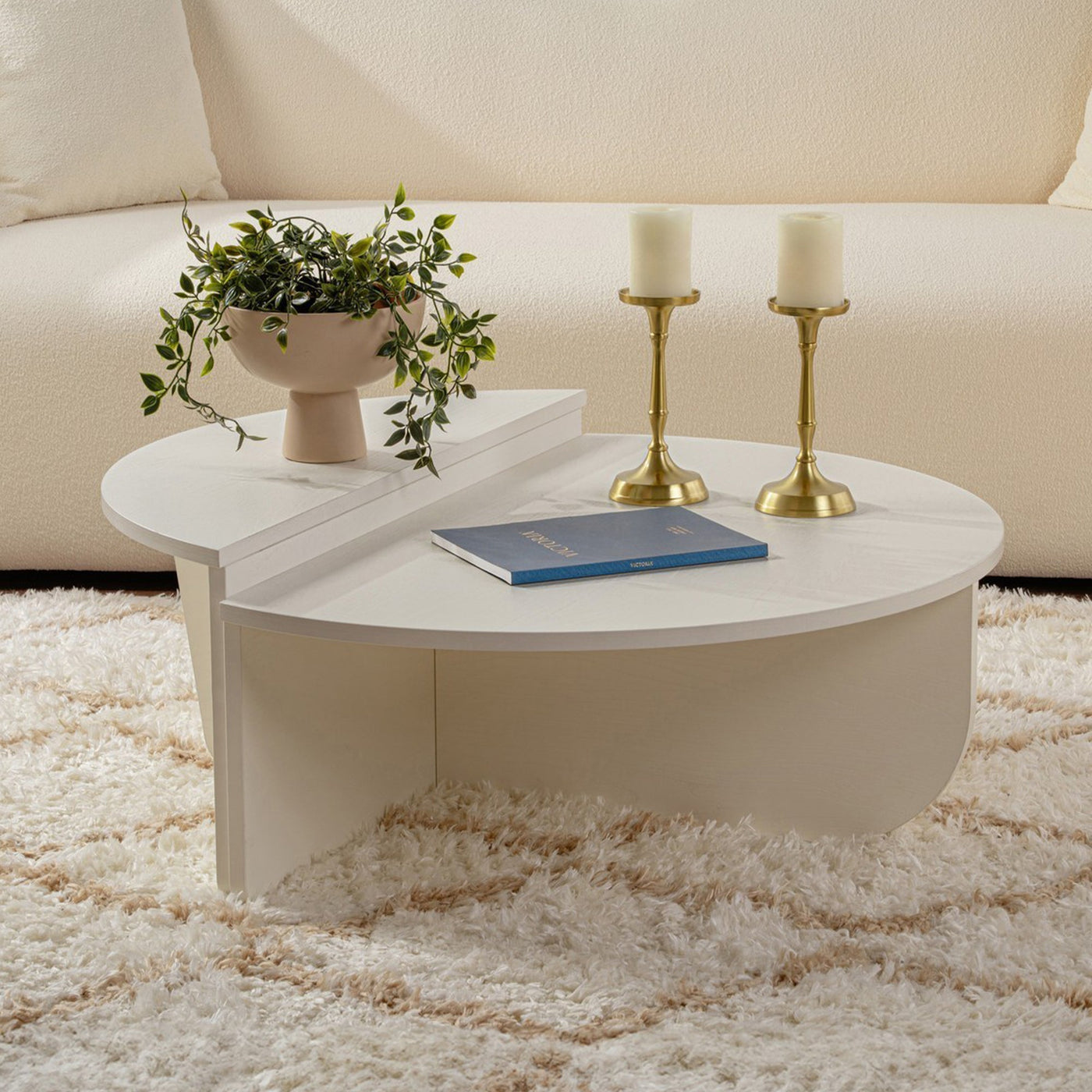 ELYNA Table basse ronde couleur bois blanc D90 cm - Table basse - Mobilier Deco