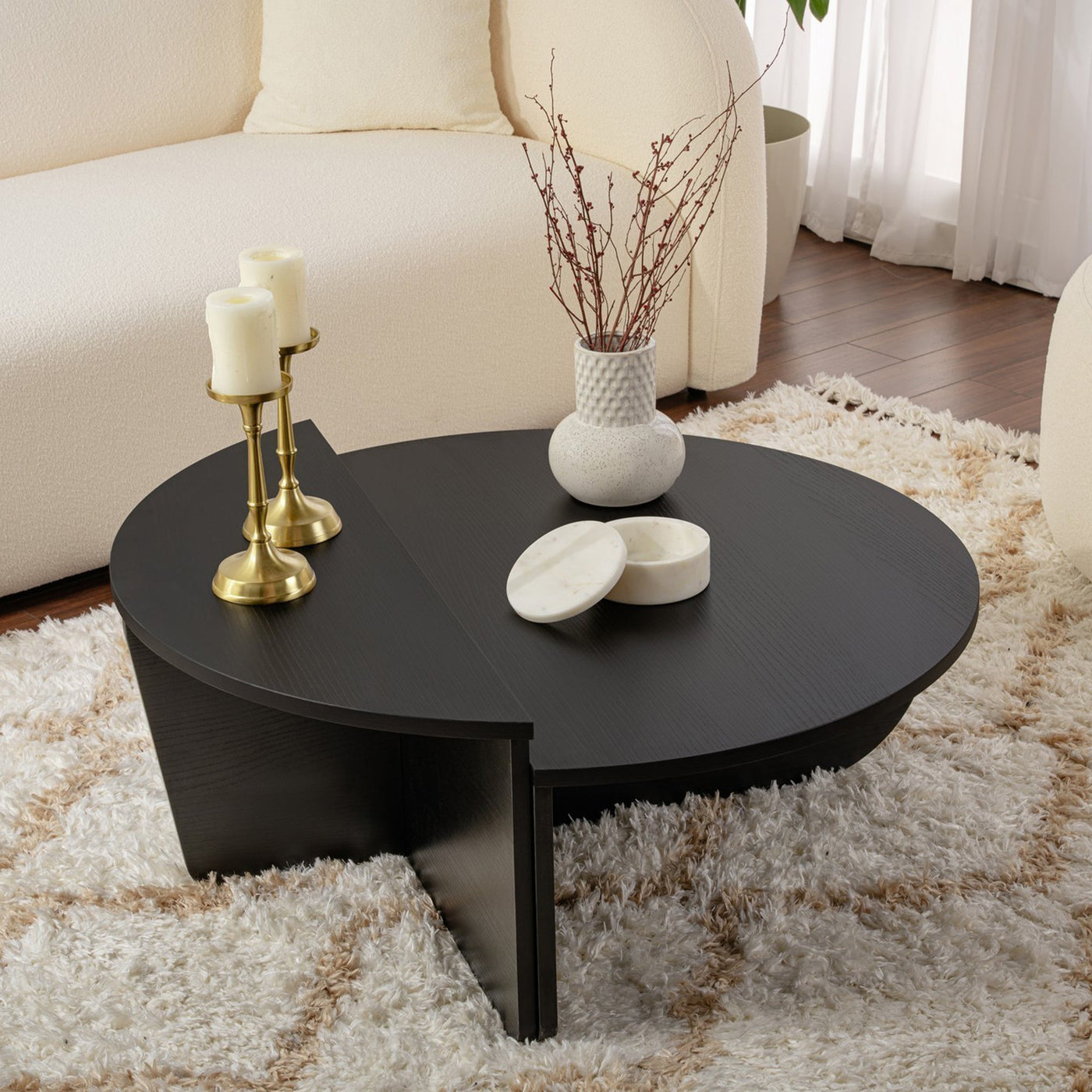 ELYNA Table basse ronde couleur bois noir D90 cm - Table basse - Mobilier Deco