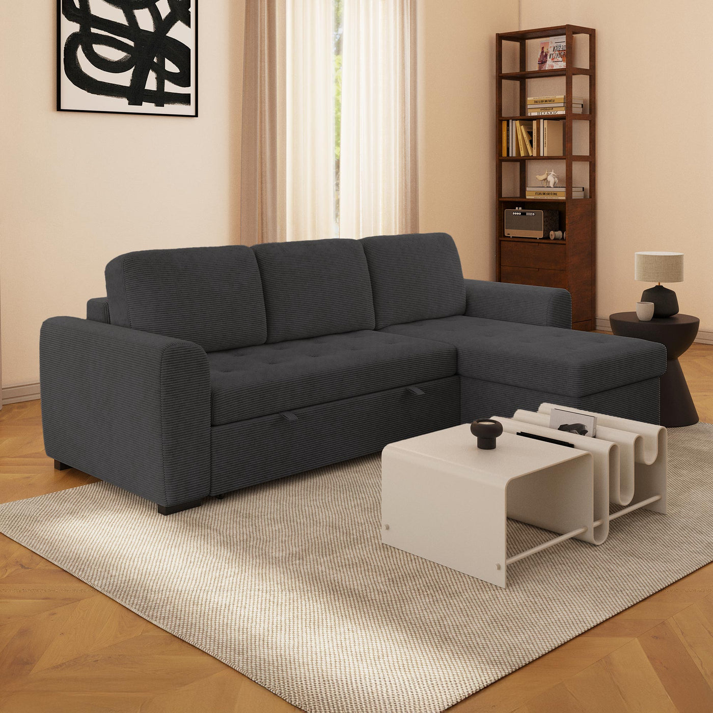 EMELINE Canapé d'angle réversible convertible avec coffre en velours côtelé anthracite - Canapé d'angle convertible - Mobilier Deco
