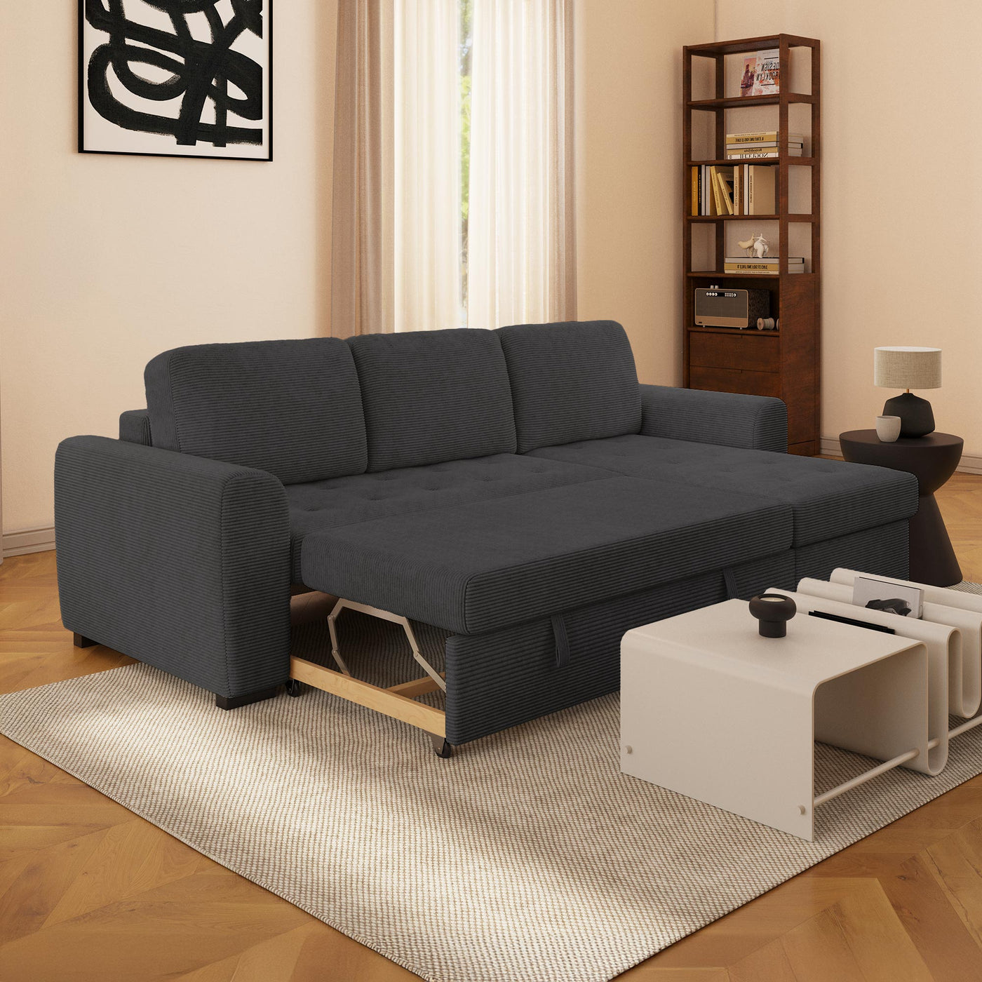 EMELINE Canapé d'angle réversible convertible avec coffre en velours côtelé anthracite - Canapé d'angle convertible - Mobilier Deco