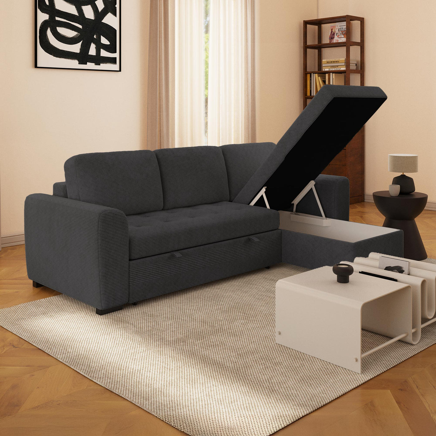 EMELINE Canapé d'angle réversible convertible avec coffre en velours côtelé anthracite - Canapé d'angle convertible - Mobilier Deco