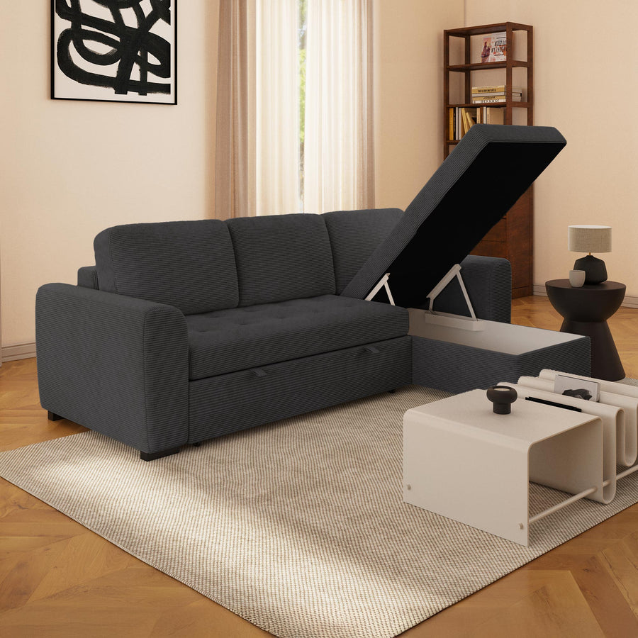 EMELINE Canapé d'angle réversible convertible avec coffre en velours côtelé anthracite — aperçu vidéo