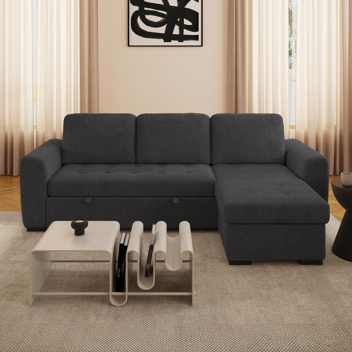 EMELINE Canapé d'angle réversible convertible avec coffre en velours côtelé anthracite - Canapé d'angle convertible - Mobilier Deco