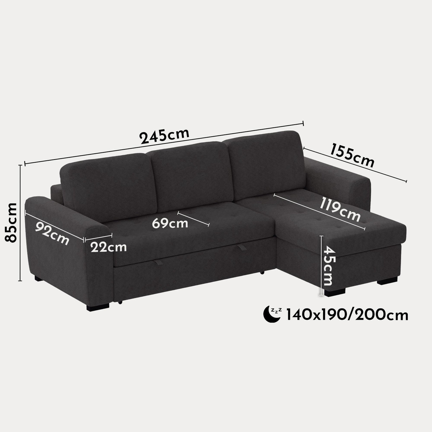 EMELINE Canapé d'angle réversible convertible avec coffre en velours côtelé anthracite - Canapé d'angle convertible - Mobilier Deco