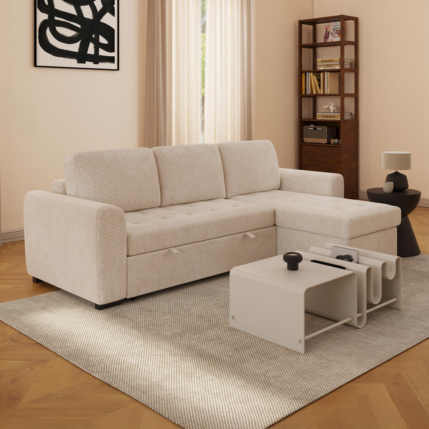 EMELINE Canapé d'angle réversible convertible avec coffre en velours côtelé beige - Canapé d'angle convertible - Mobilier Deco