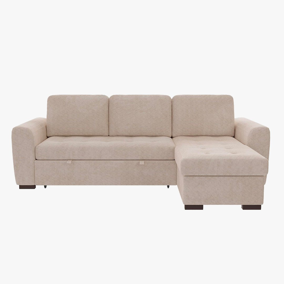 EMELINE Canapé d'angle réversible convertible avec coffre en velours côtelé beige - Canapé d'angle convertible - Mobilier Deco