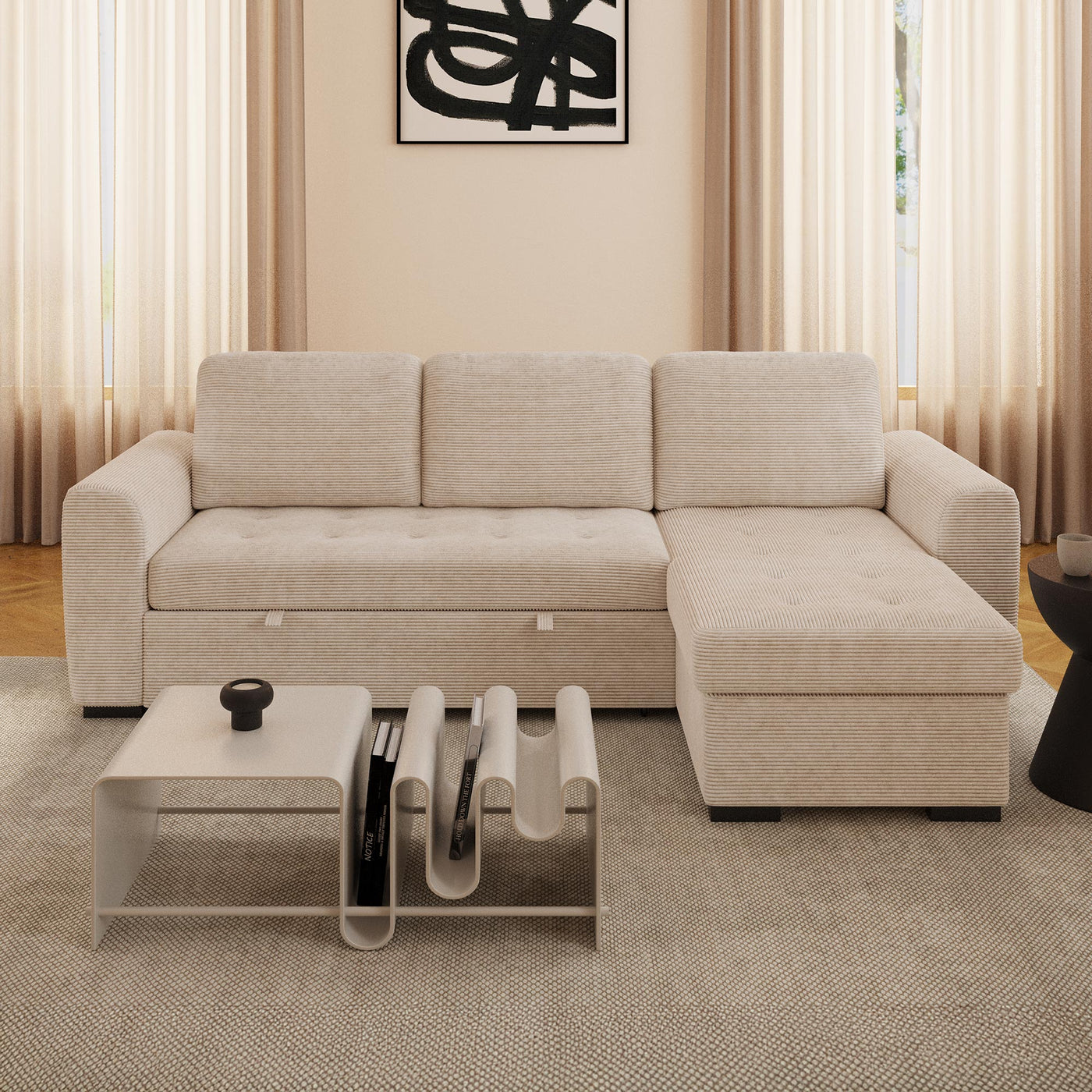 EMELINE Canapé d'angle réversible convertible avec coffre en velours côtelé beige - Canapé d'angle convertible - Mobilier Deco