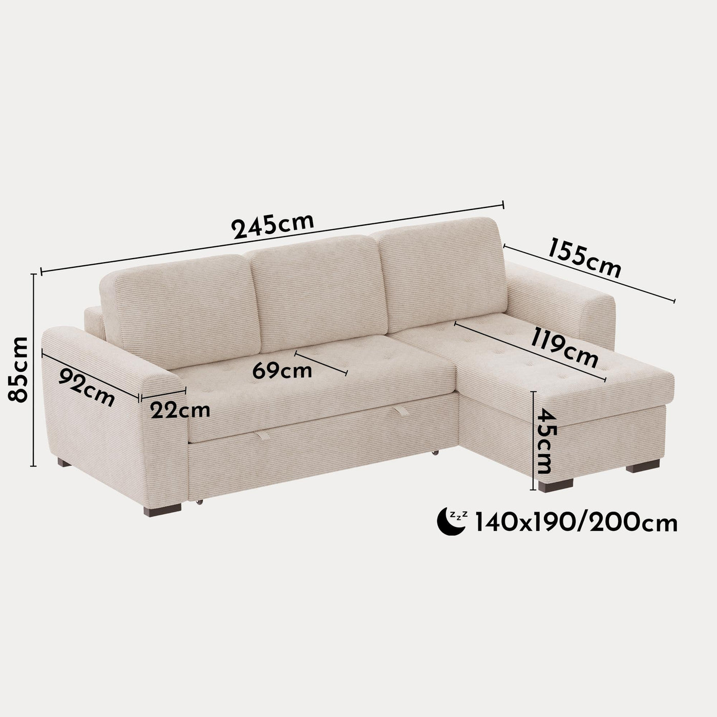 EMELINE Canapé d'angle réversible convertible avec coffre en velours côtelé beige - Canapé d'angle convertible - Mobilier Deco