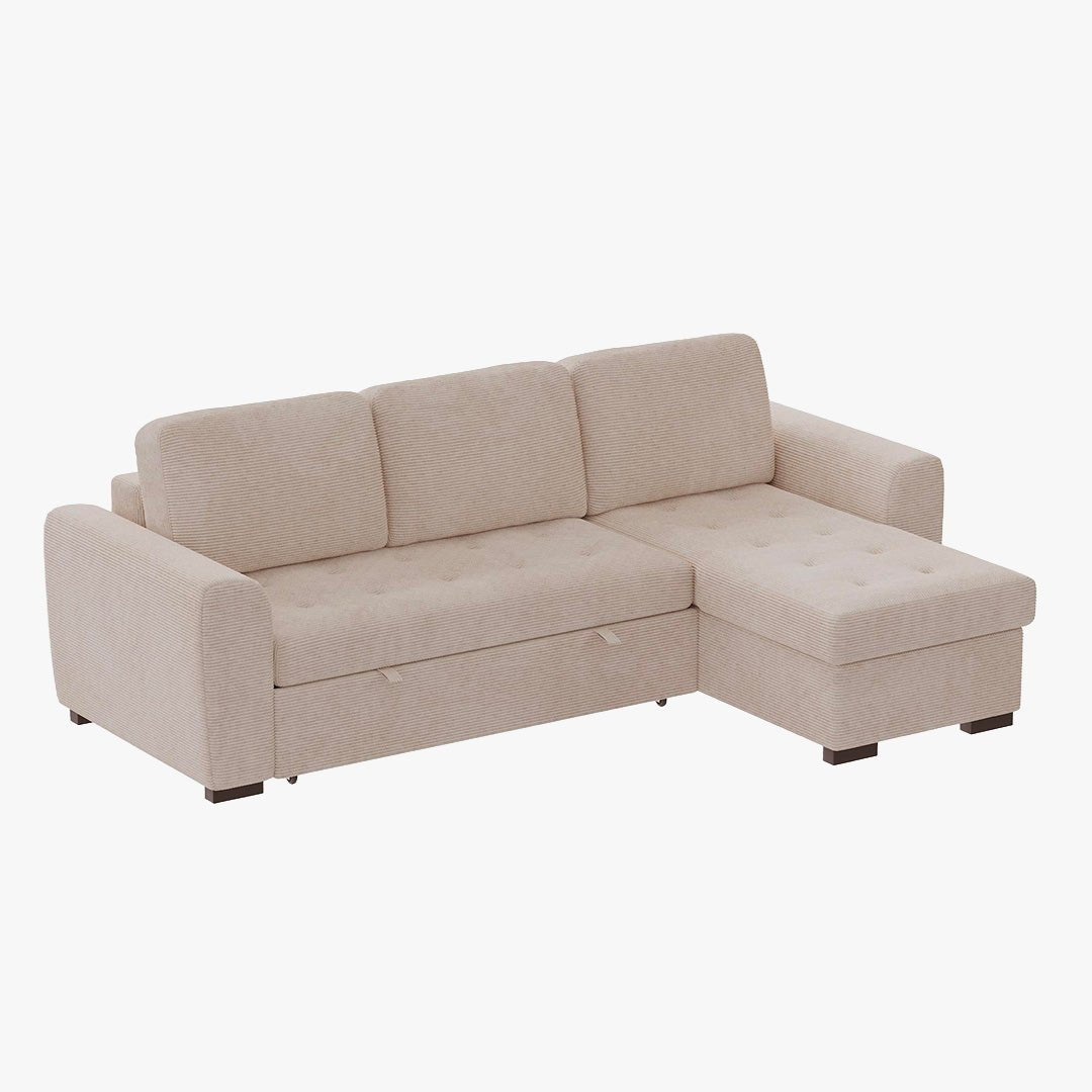 EMELINE Canapé d'angle réversible convertible avec coffre en velours côtelé beige - Canapé d'angle convertible - Mobilier Deco