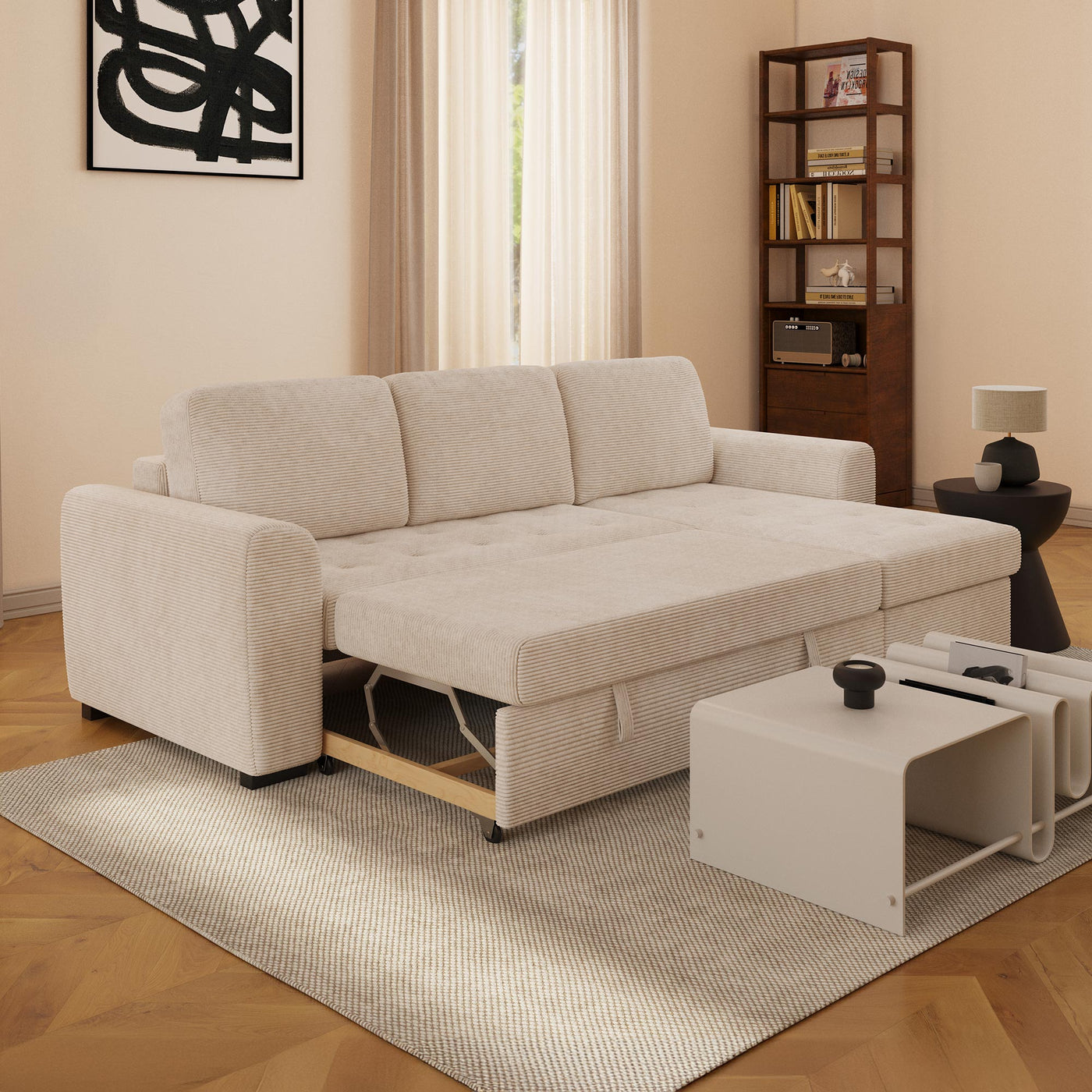 EMELINE Canapé d'angle réversible convertible avec coffre en velours côtelé beige - Canapé d'angle convertible - Mobilier Deco