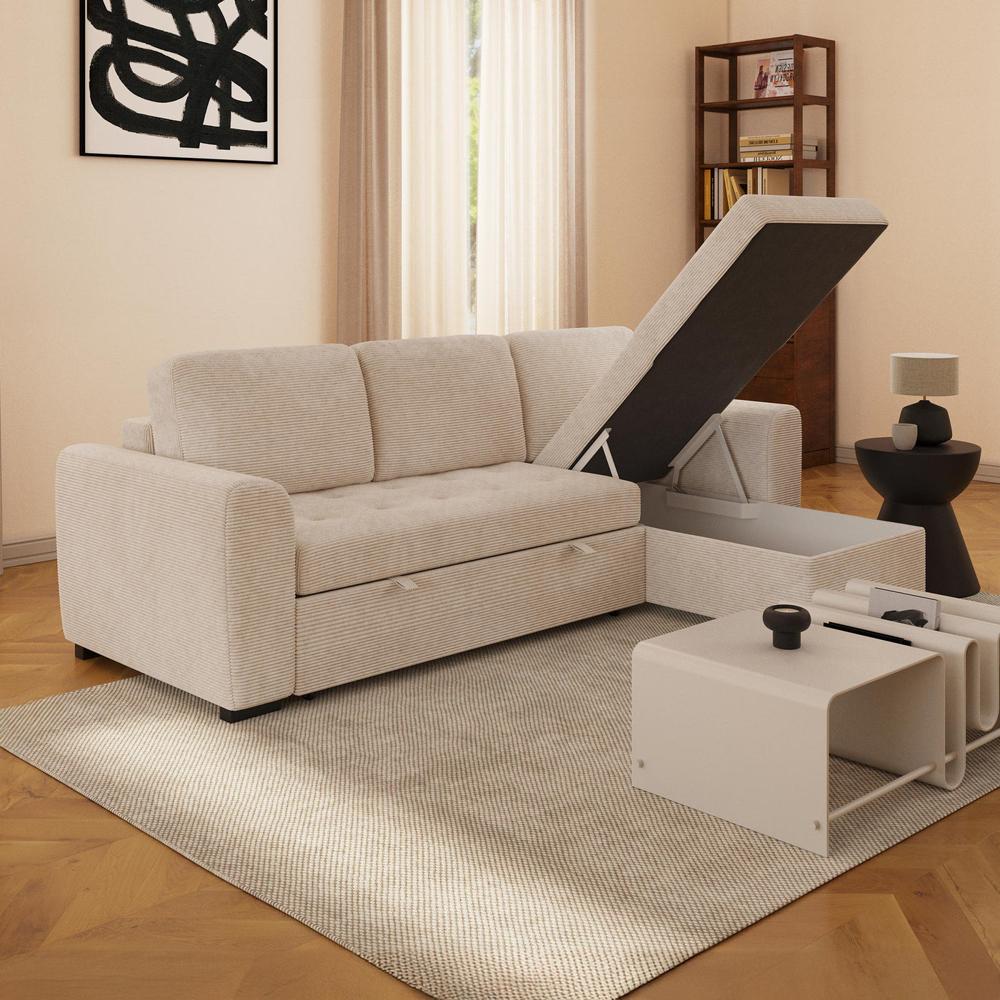 EMELINE Canapé d'angle réversible convertible avec coffre en velours côtelé beige - Canapé d'angle convertible - Mobilier Deco