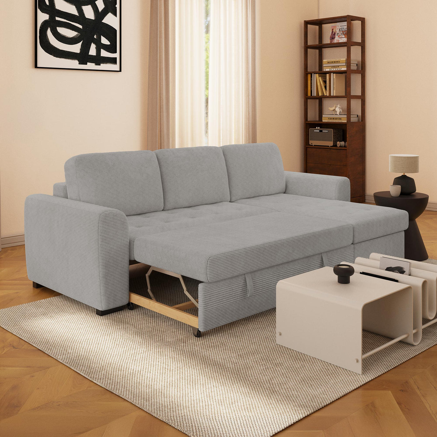 EMELINE Canapé d'angle réversible convertible avec coffre en velours côtelé gris clair - Canapé d'angle convertible - Mobilier Deco