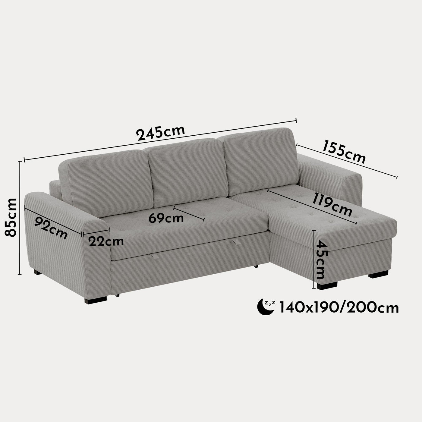 EMELINE Canapé d'angle réversible convertible avec coffre en velours côtelé gris clair - Canapé d'angle convertible - Mobilier Deco