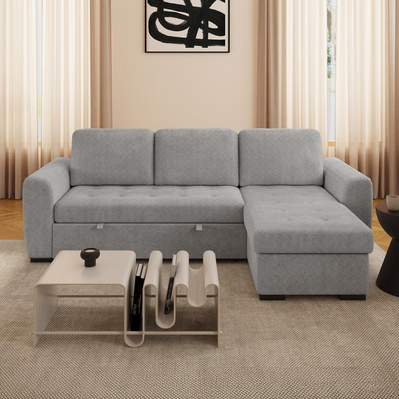 EMELINE Canapé d'angle réversible convertible avec coffre en velours côtelé gris clair - Canapé d'angle convertible - Mobilier Deco