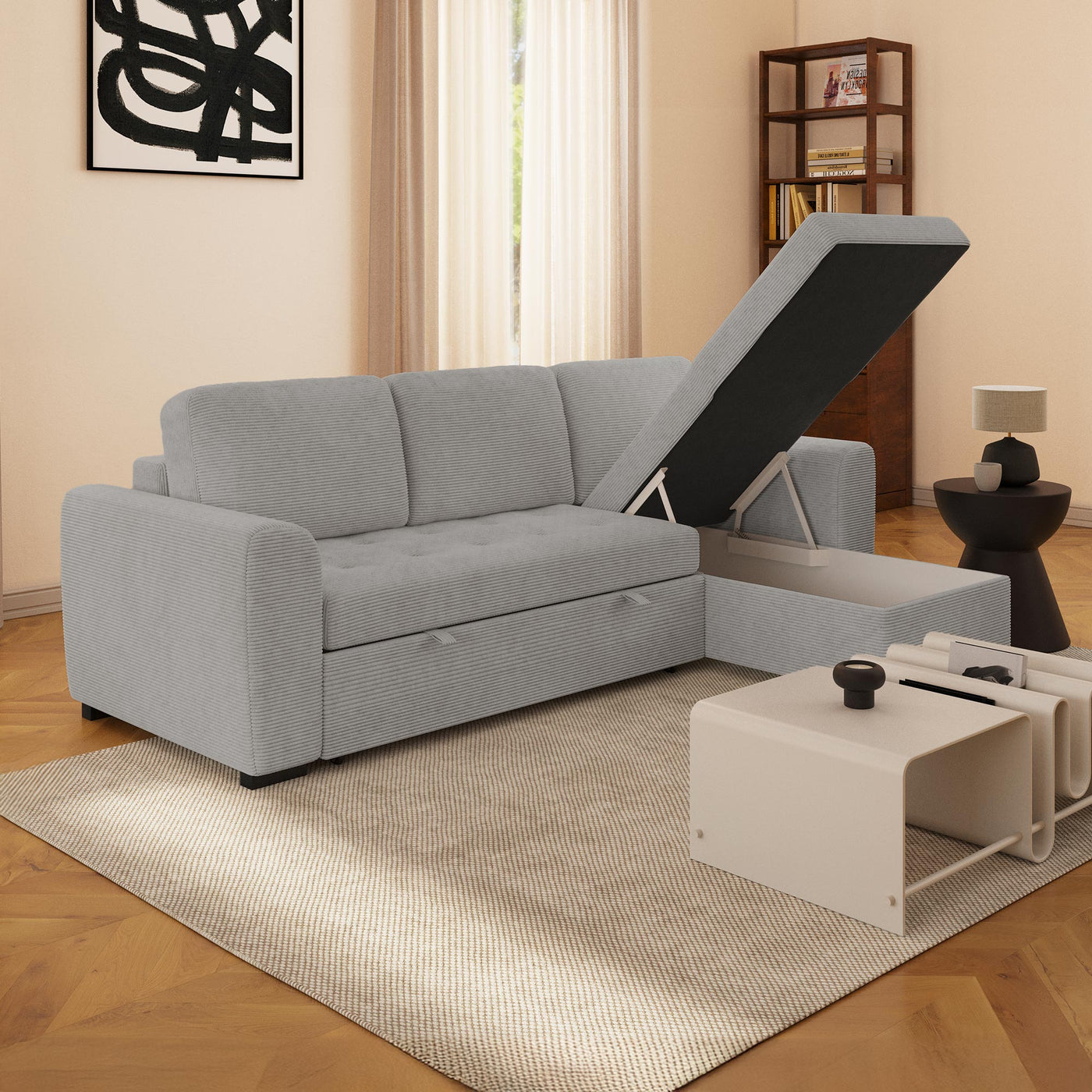 EMELINE Canapé d'angle réversible convertible avec coffre en velours côtelé gris clair - Canapé d'angle convertible - Mobilier Deco