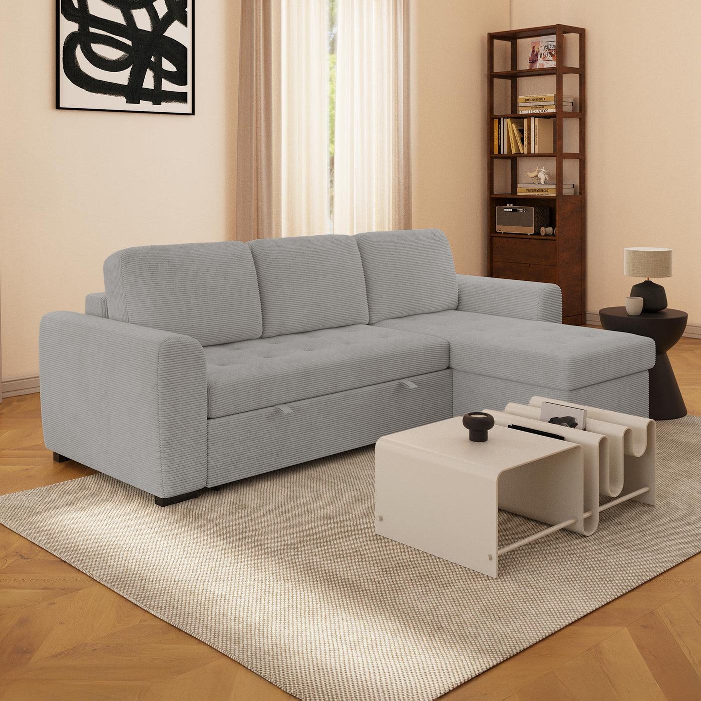 EMELINE Canapé d'angle réversible convertible avec coffre en velours côtelé gris clair - Canapé d'angle convertible - Mobilier Deco