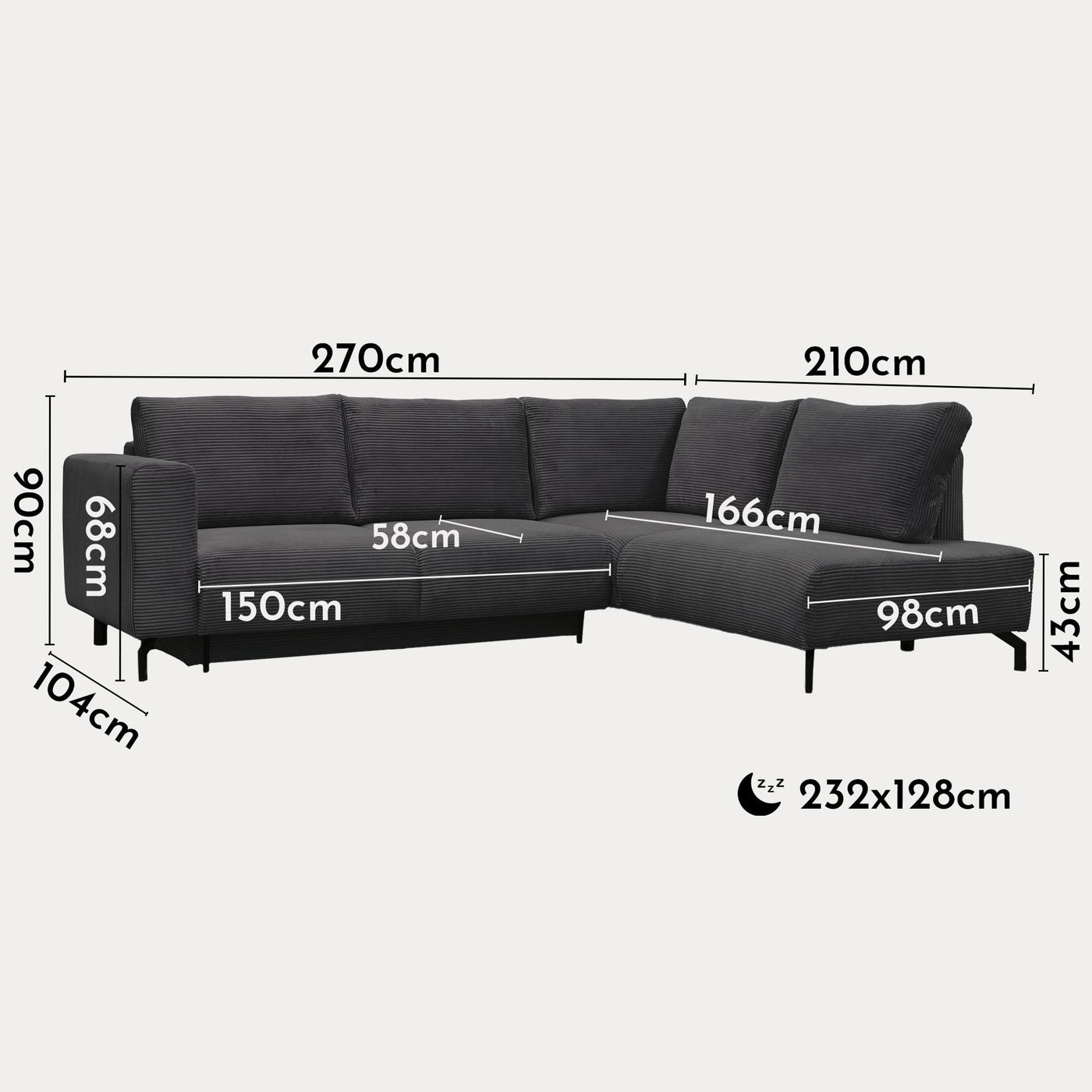 EMILIA Canapé d'angle convertible avec coffre en velours côtelé anthracite - Angle droit - Canapé d'angle convertible