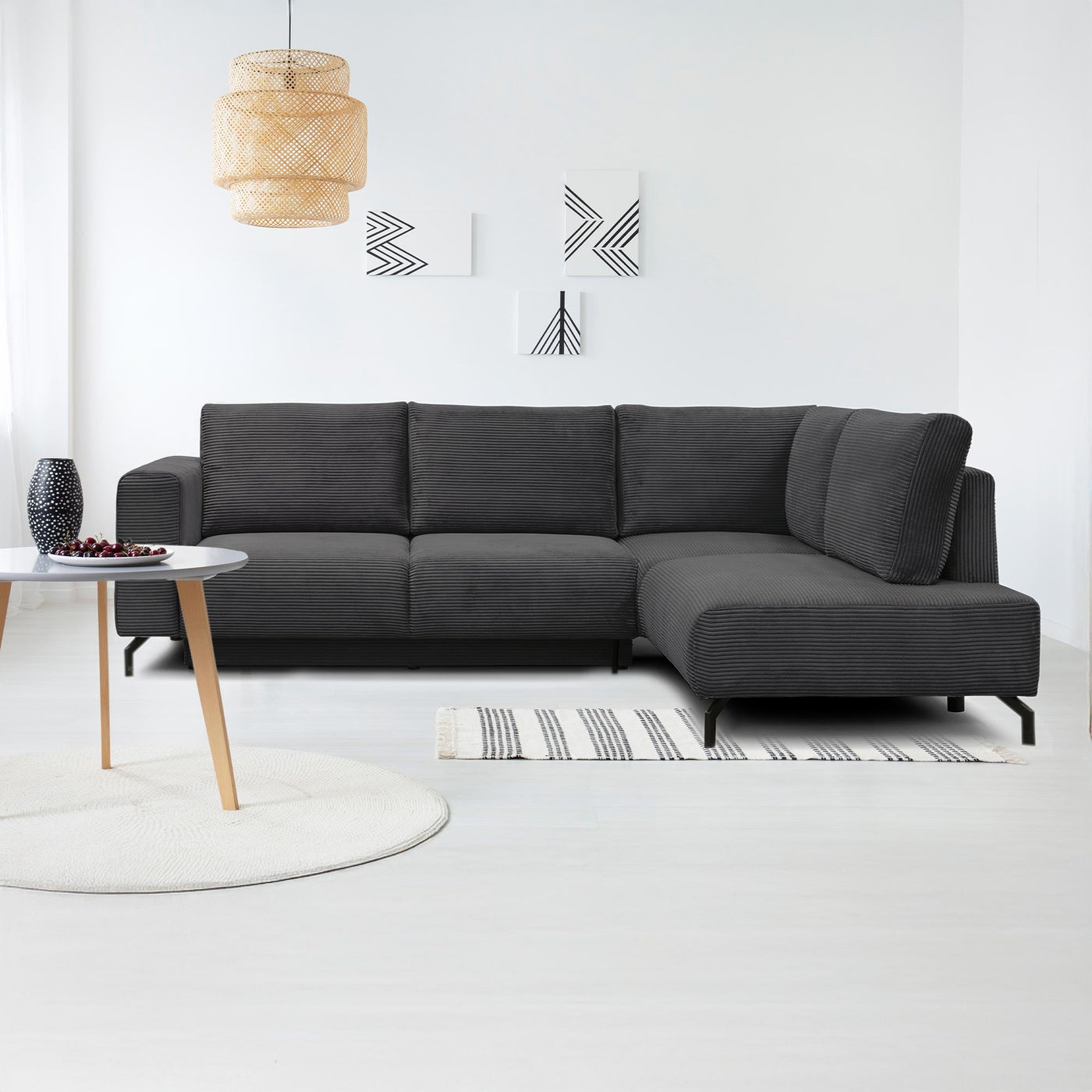 EMILIA Canapé d'angle convertible avec coffre en velours côtelé anthracite - Angle droit - Canapé d'angle convertible