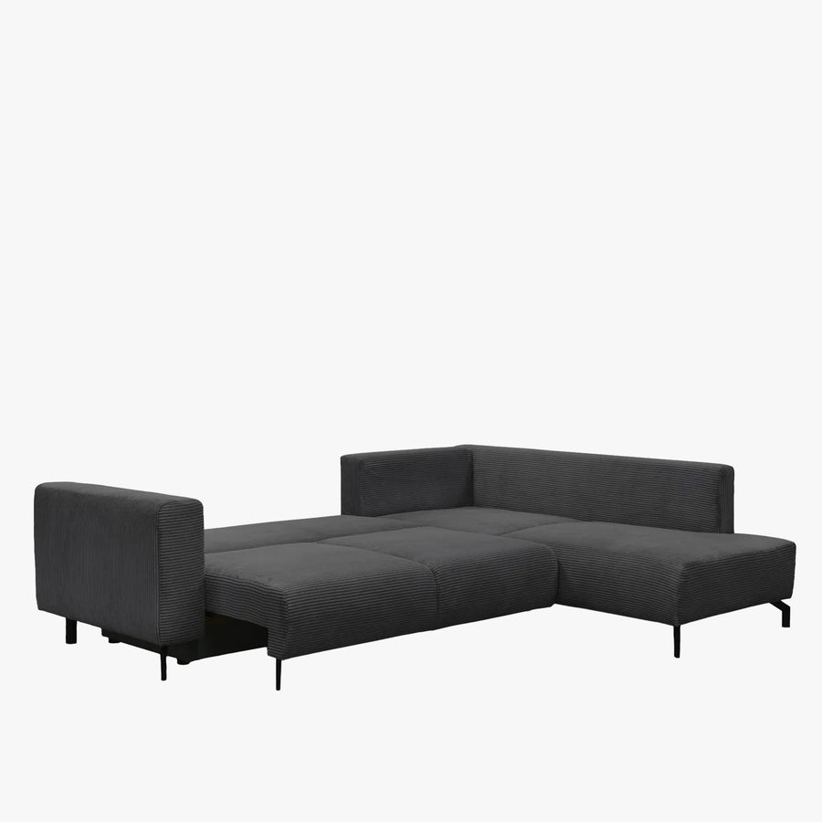 EMILIA Canapé d'angle convertible avec coffre en velours côtelé anthracite - Angle droit — aperçu vidéo