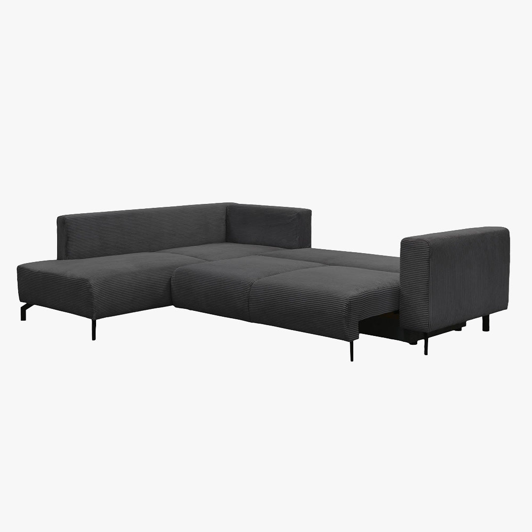 EMILIA Canapé d'angle convertible avec coffre en velours côtelé anthracite - Angle gauche - Canapé d'angle convertible - Mobilier Deco
