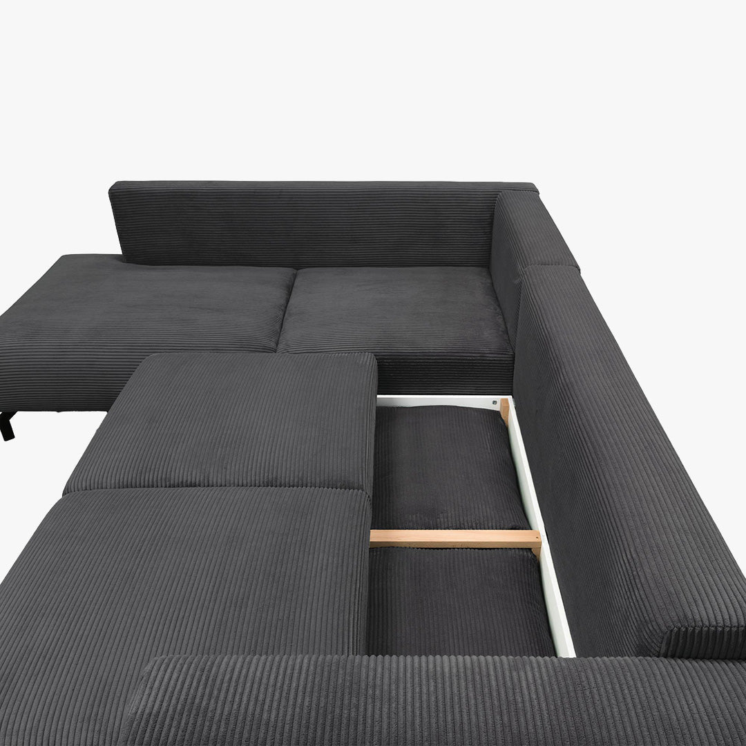 EMILIA Canapé d'angle convertible avec coffre en velours côtelé anthracite - Angle gauche - Canapé d'angle convertible - Mobilier Deco