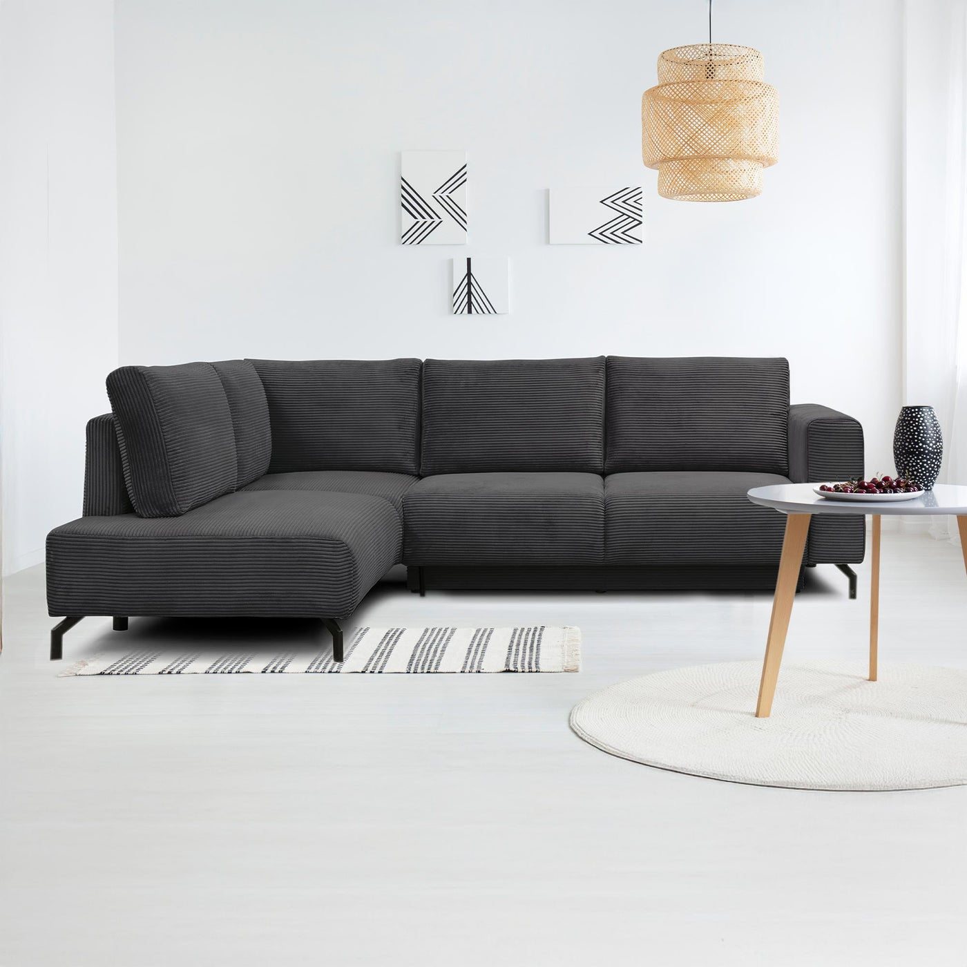 EMILIA Canapé d'angle convertible avec coffre en velours côtelé anthracite - Angle gauche - Canapé d'angle convertible - Mobilier Deco