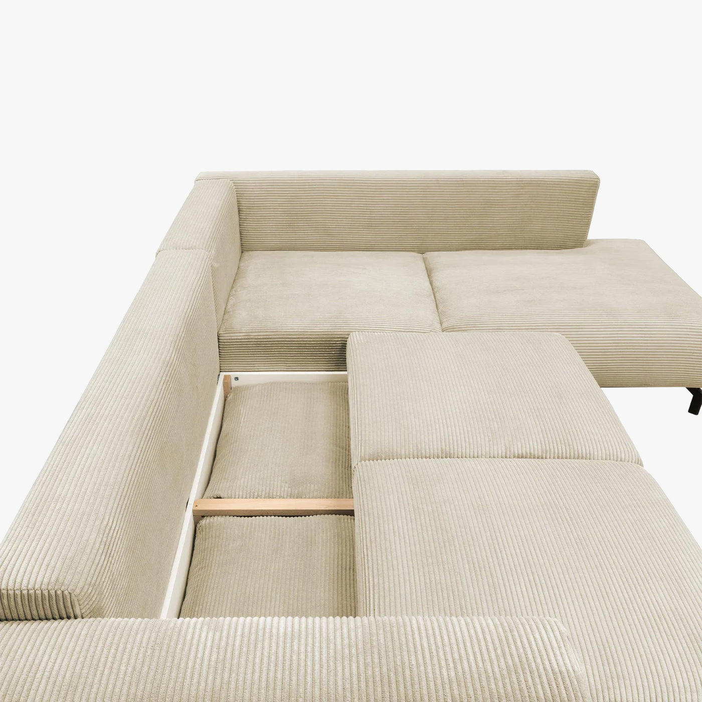 EMILIA Canapé d'angle convertible avec coffre en velours côtelé beige - Angle droit - Canapé d'angle convertible - Mobilier Deco